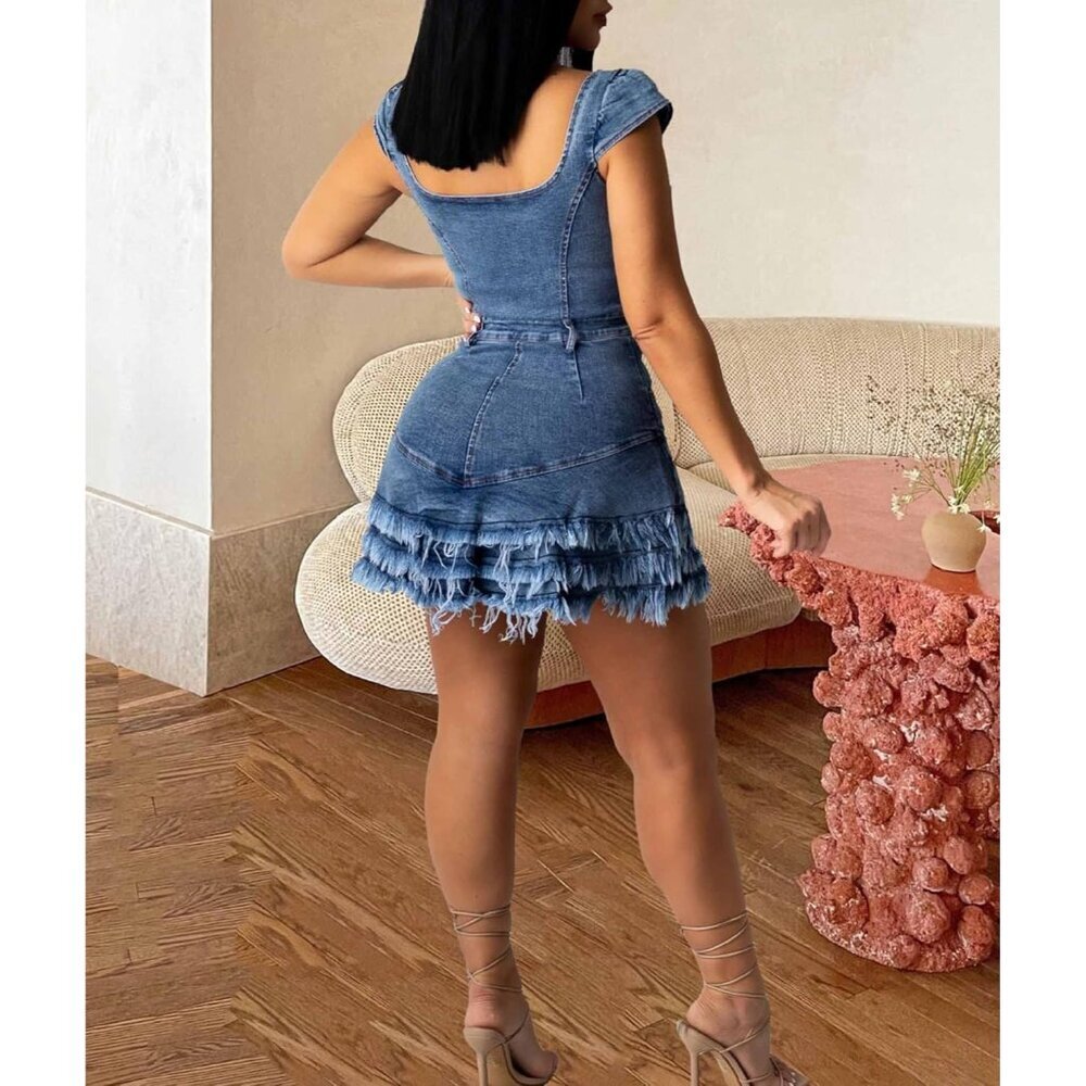 Women's Denim Dress Cotton Polyester Short Sleeve Tiered Low Cut Bodycon - Picture 3 of 3
